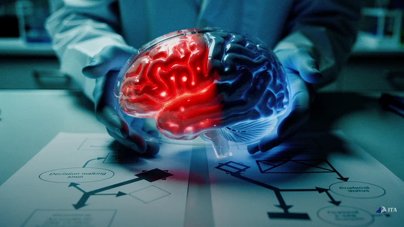 The Science Behind Indecision: How Your Brain Gets Stuck: brain model, scientist hands, warning lights