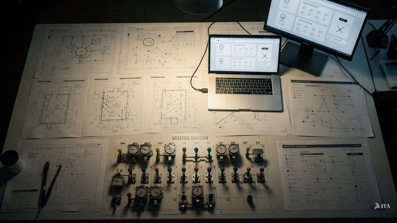 Master systems engineer's workspace where multiple environmental design blueprints are spread across a drafting table.