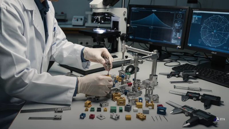 Precision measurement specialist's hands operating a complex micro-calibration device.