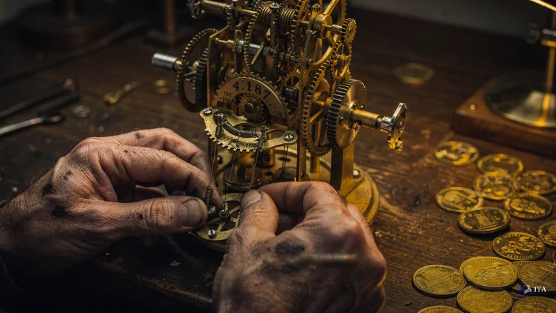 Master clockmaker's workshop where a complex mechanical timepiece displays multiple oscillating components returning.