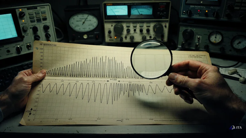 Seismologist's hands analyzing two parallel wave pattern recordings on vintage graph paper.
