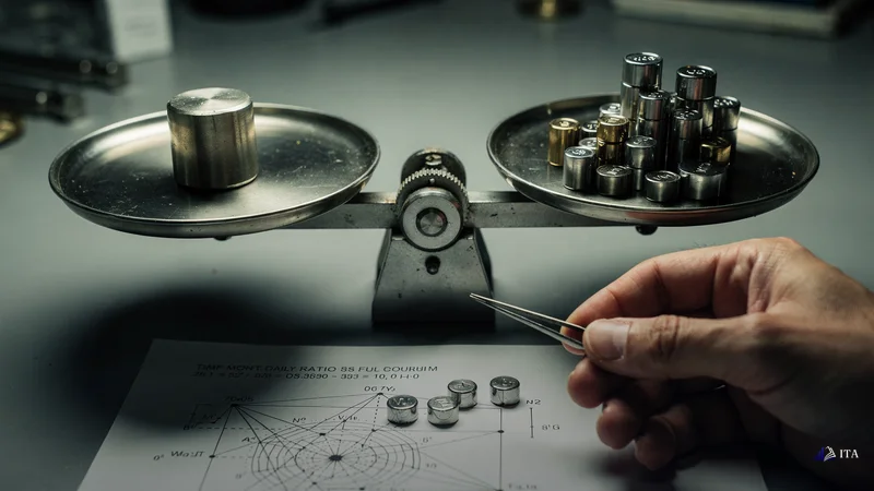 Precision balance scale where tiny metallic weights representing daily profits are being carefully arranged on one side while