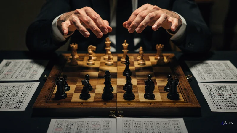 Chess master's hands hovering over a board where pieces are arranged in an unconventional defensive formation, each piece rep