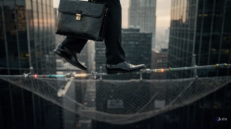 Tightrope walker's feet mid-step on a narrow cable suspended between two financial district skyscrapers, with safety nets vis