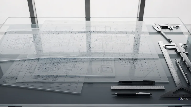 Institutional architect's drafting table where multiple transparent overlay sheets show systematic process blueprints rather