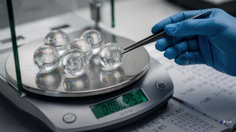 Precision scientific balance where microscopic glass spheres are being measured on one side of the scale, each sphere etched