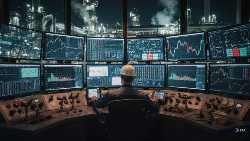 Oil refinery control room at night where a process engineer monitors multiple interconnected pipeline systems through a wall