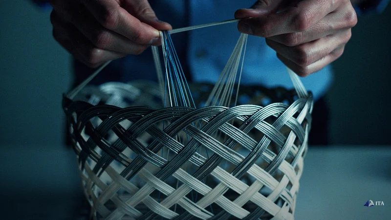 Implementing Currency Basket Trading Methods: portfolio architect hands, currency threads, basket structure
