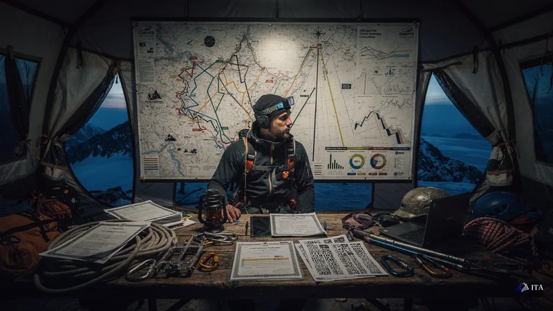 Master mountaineer's base camp where multiple climbing routes are mapped on a tactical board, each path representing differen