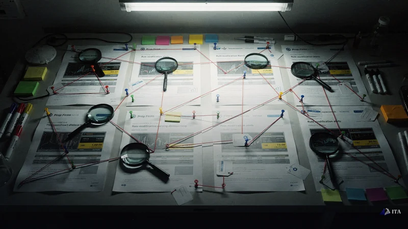 Forensic investigator's evidence room where multiple Reddit r/proptrading verification boards are arranged like case files