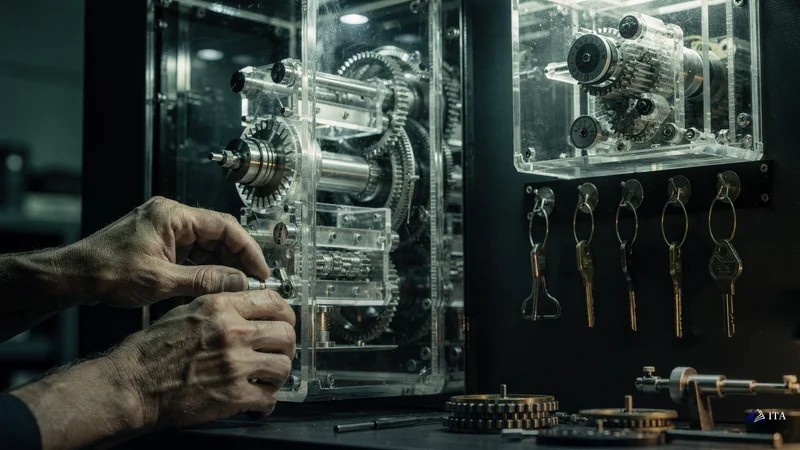 Master locksmith's hands installing a transparent vault mechanism where the internal security systems are visible through cry