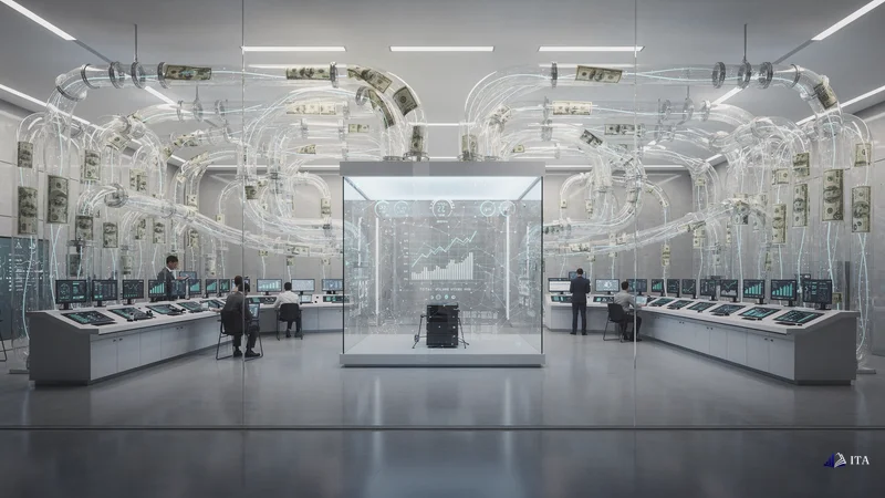 Global payment processing center where multiple currency streams flow through transparent pneumatic tubes connecting 97+ coun