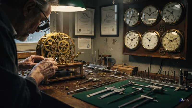 Master clockmaker's synchronized timepieces representing multi-timeframe trading confluence.