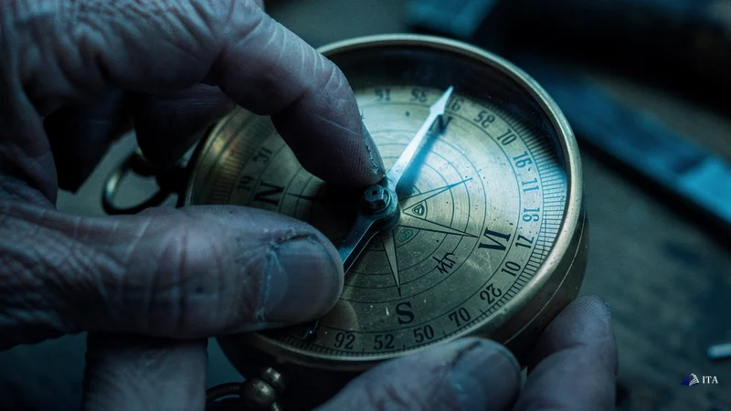 Weekly Outlook and Key Events: vintage brass compass, weathered hands, degree markings