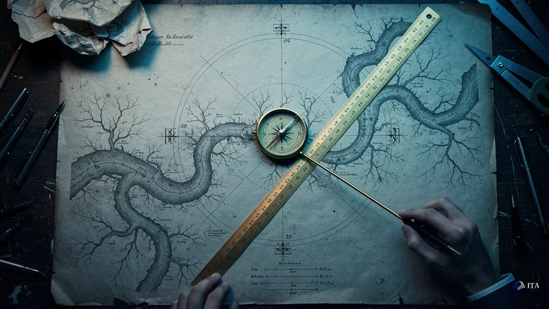 How to Draw Fibonacci Retracement Correctly: river system map, brass compass, golden ruler