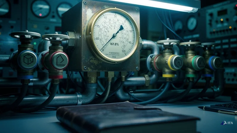 Risk Management with Fibonacci Retracements: brass pressure gauge, steam pipes, risk journal
