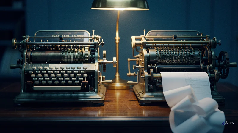 How Broker Models Impact Slippage: ECN vs. Market Maker: mechanical calculators, brass desk lamp, paper tape
