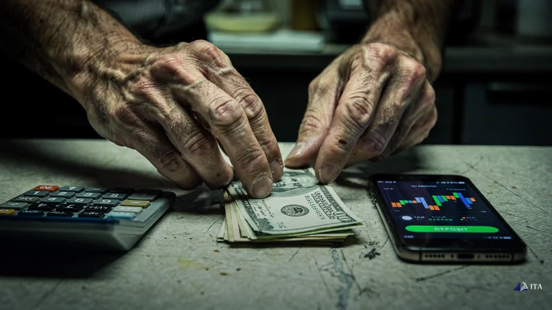 Weathered hands counting limited savings before opening a small trading account.