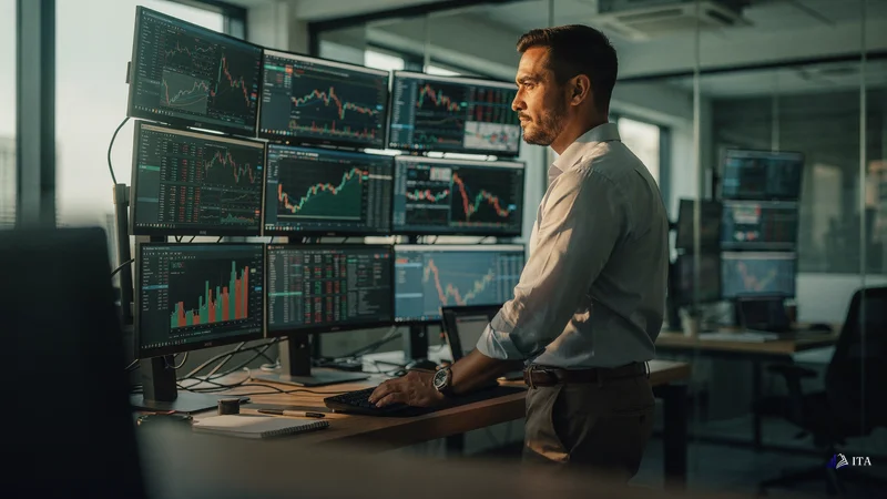 Professional trader in institutional setting applying construction-learned discipline to market analysis.