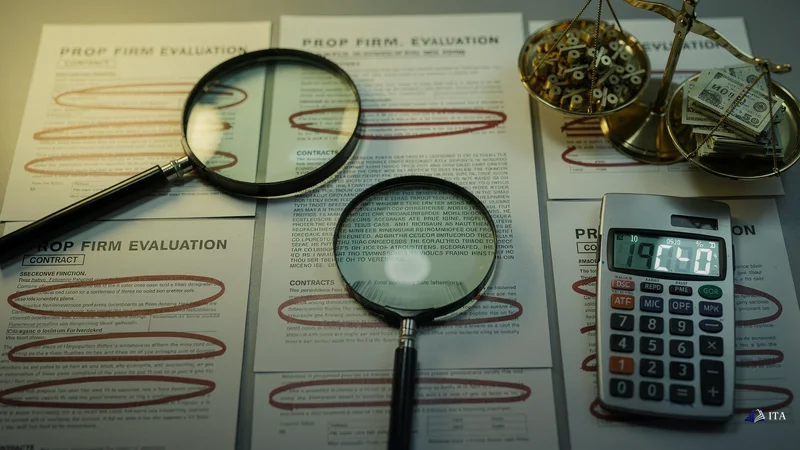 Analyst examining prop firm contracts with magnifying glass, revealing hidden fee structures beyond profit splits.