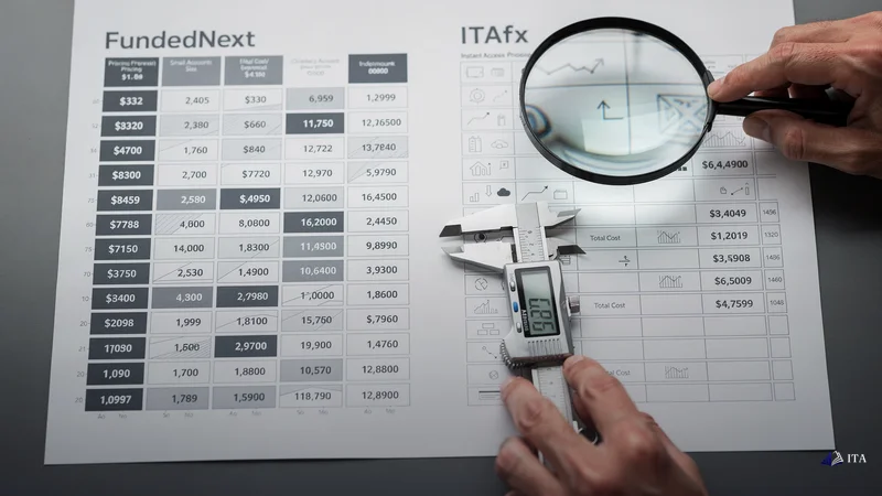 Analyst precisely measuring and comparing FundedNext and ITAfx pricing structures using precision tools.