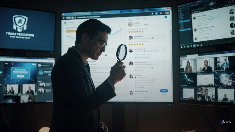 Trust verification expert examining FundedNext's Trustpilot ratings and community feedback on multiple monitors.