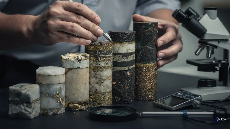 Geological surveyor's hands examining core samples from different gold-bearing rock layers.