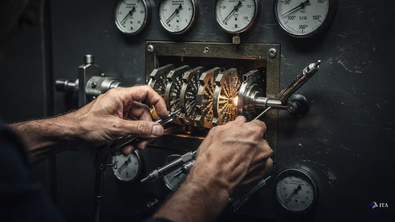 Master locksmith's hands installing a seven-stage security mechanism on a vault door, each tumbler representing a step.