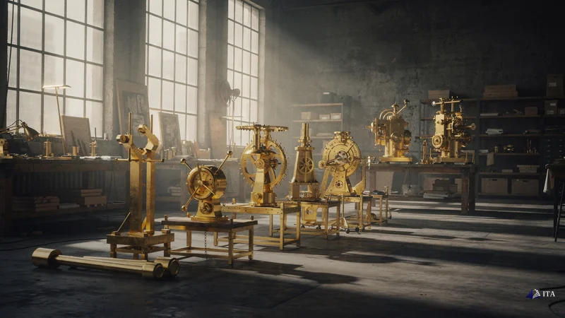 Master craftsman's workshop where multiple golden instruments are arranged in ascending order of complexity.