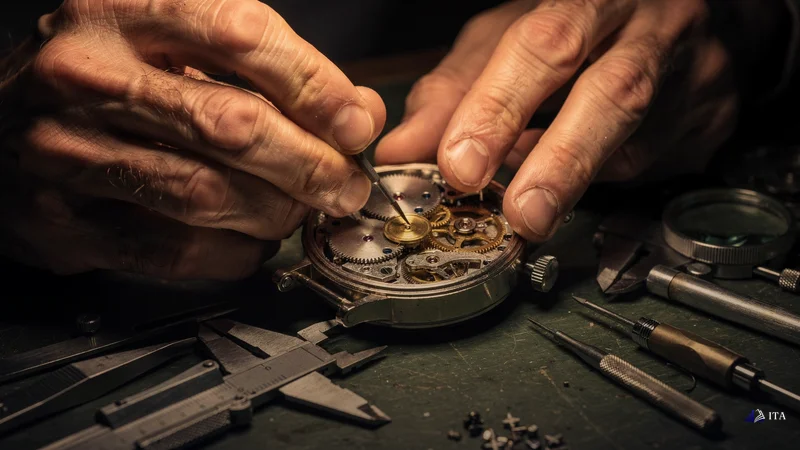 Master clockmaker's hands adjusting the escapement mechanism of a luxury timepiece, where the pendulum's rhythmic motion.