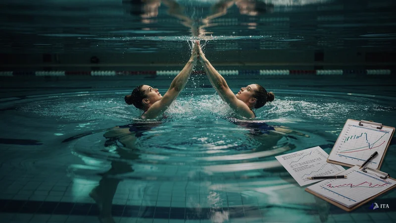 Two synchronized swimmers at the moment their hands meet above the water surface, creating perfect alignment.