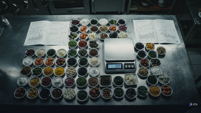 Master chef's mise en place station where ingredients are arranged in precise portions across multiple small bowls.