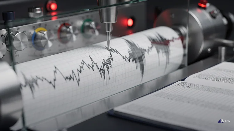 Seismograph needle tracing volatile readings on graph paper, where sudden spikes represent the 100+ pip moves.