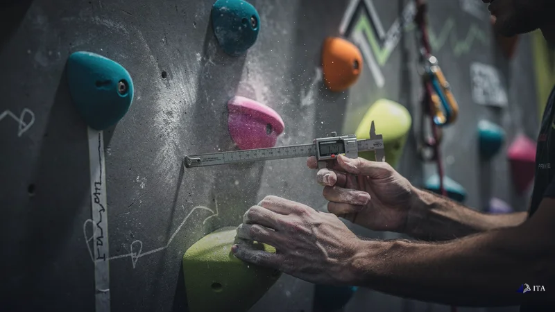 Rock climbing instructor's hands marking specific holds on an indoor climbing wall, where each colored grip represents swing.