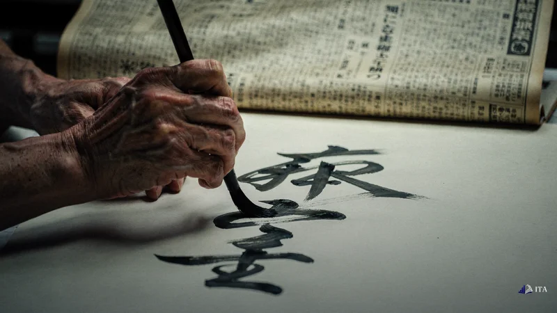 Japanese calligrapher writing Ichimoku characters with vintage newspaper clipping.