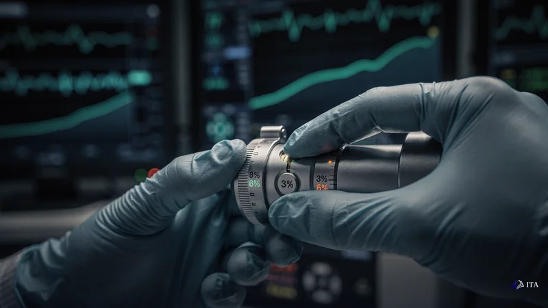 Surgeon calibrating precision instrument with percentage threshold markings.