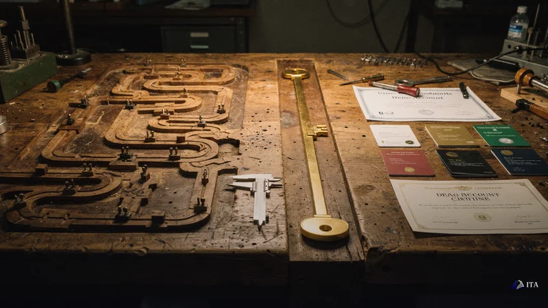 A craftsman's bench shows two paths: complex evaluation phases versus direct funding access.