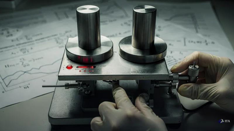 Precision laboratory scale where two identical weights rest on opposite sides.