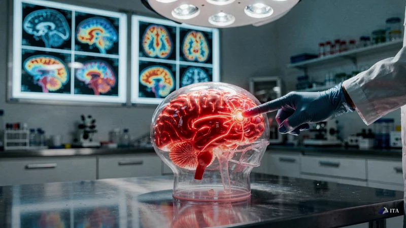 Neuroscientist's laboratory where a transparent human brain model sits illuminated.