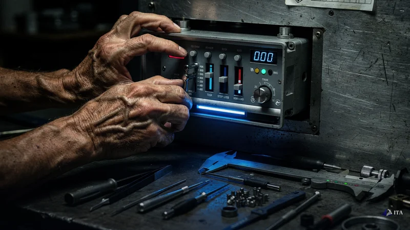Master locksmith's weathered hands installing an automated trading system interface.