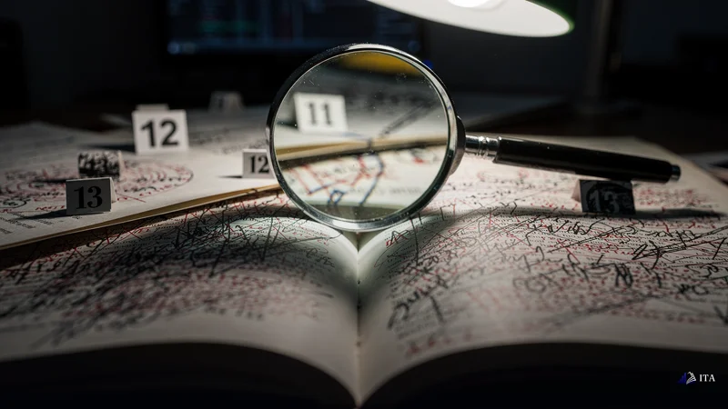 Forensic investigator's desk where multiple trading journals are spread open under intense desk lamp lighting.