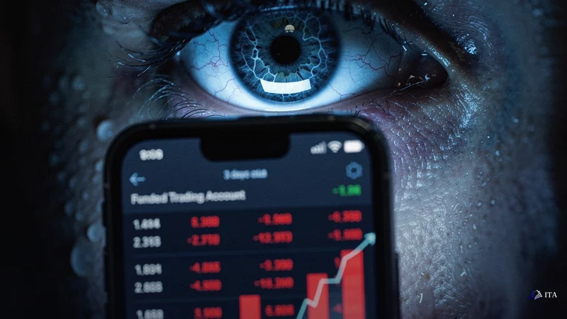 The Psychological Trap: How Loss Aversion Sabotages Funded Trader Performance: dilated_pupil, cascading_numbers, stress_persp