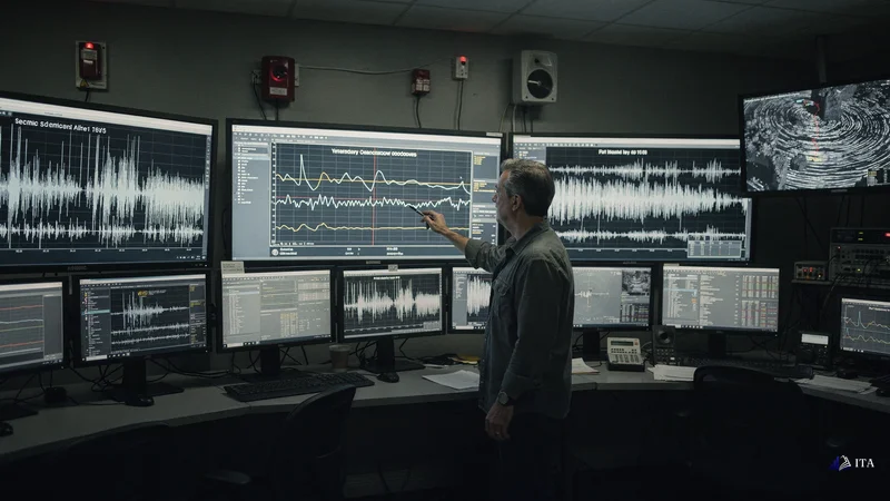 Seismic monitoring specialist analyzing crossover patterns on earthquake detection equipment.