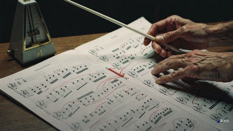 Orchestra conductor analyzing divergence patterns in advanced musical notation.