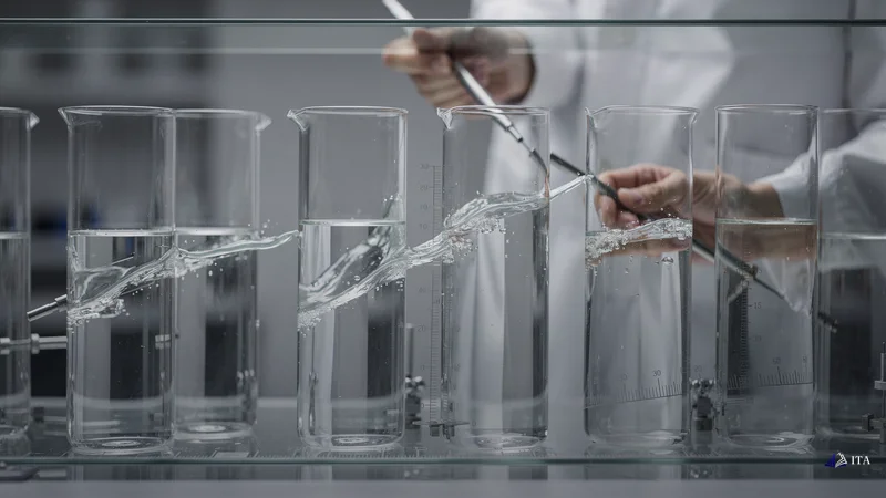 Hydrologist's hands measuring river flow patterns using transparent graduated cylinders where water levels show slant.