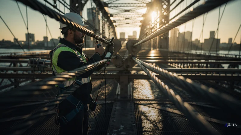 Bridge engineer measuring zero-stress junction where support cables intersect.