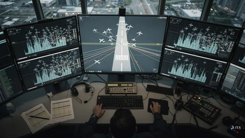 Air traffic controller coordinating multiple approach patterns on radar screens.