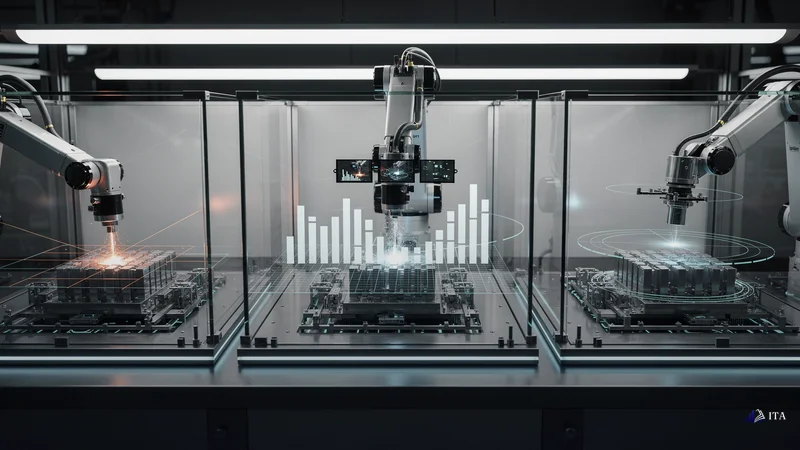 Robotic assembly line executing systematic three-stage quality control process.