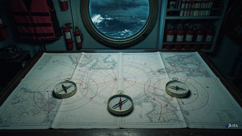 Common Mistakes When Using the MACD: navigation compass, maritime charts, storm clouds