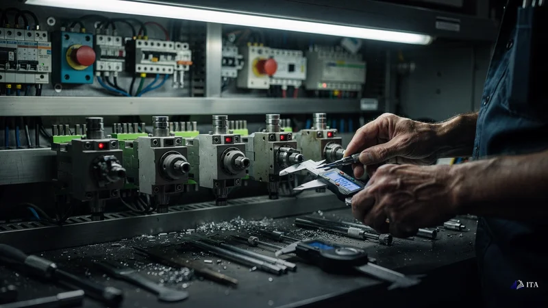 An engineer calibrating five mechanical switches that represent trading discipline steps.